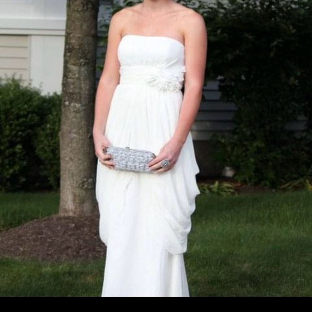 Adrianna Papell White Asymmetrical Strapless Gown